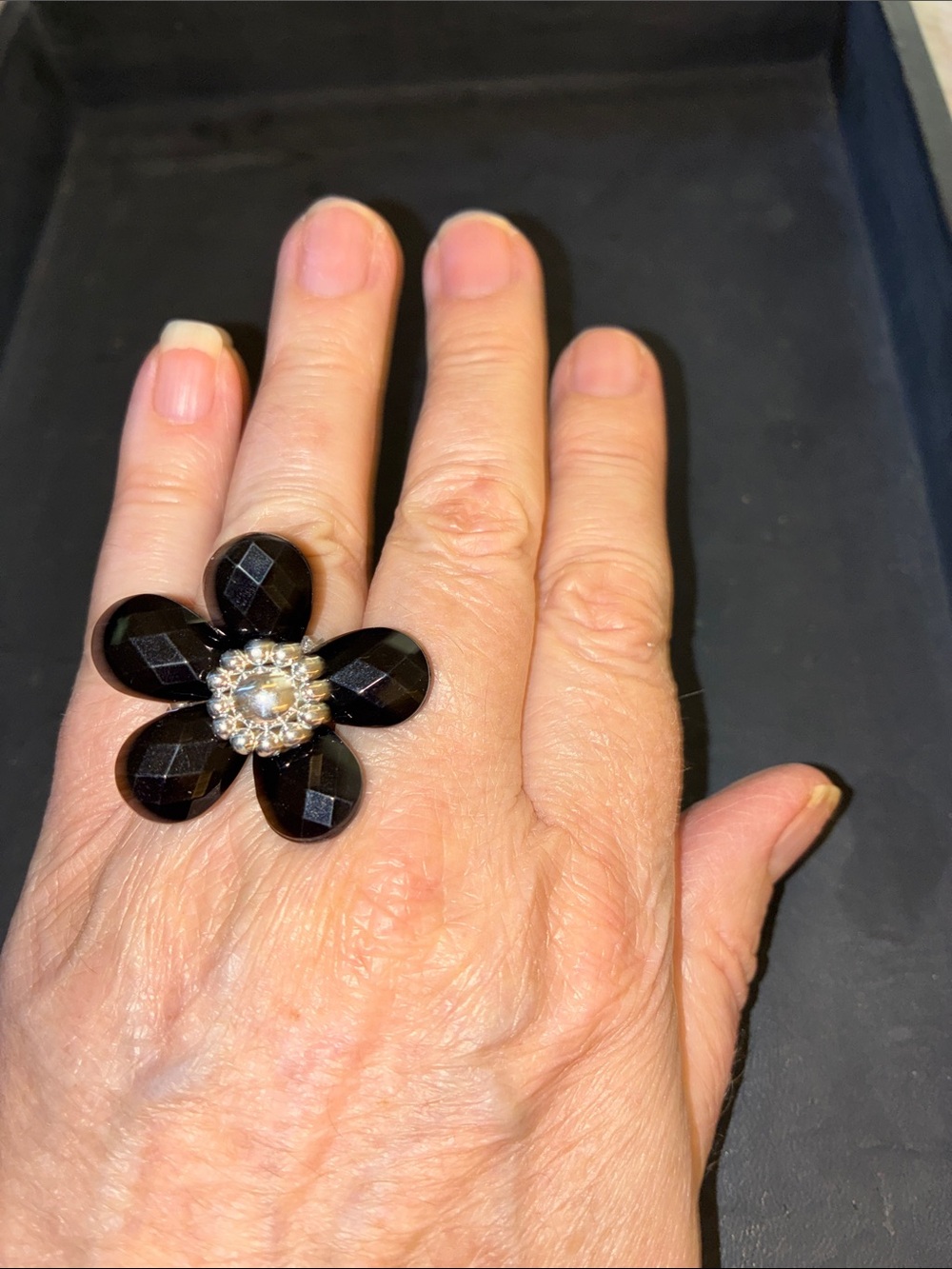 Elegant Black Floral Cocktail Stretch Ring with Crystal Halo